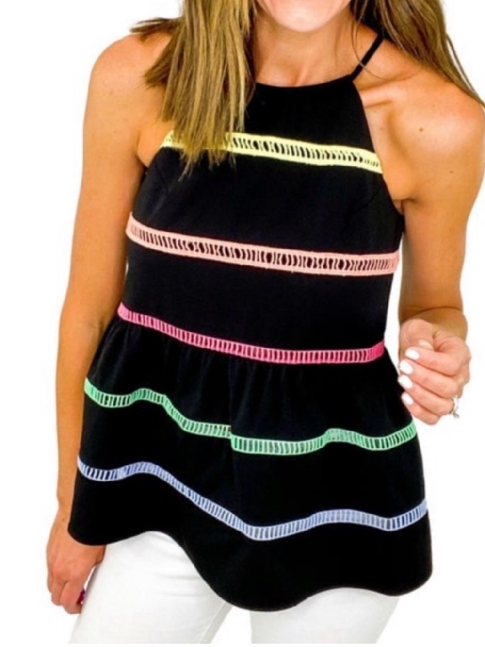 entro Black Halter Tank with Neon Ladder-Stitch Stripes